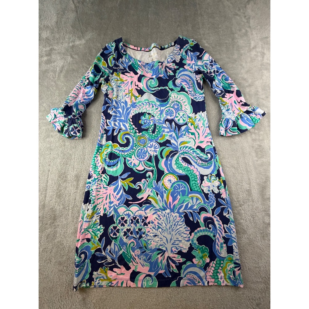 Lilly Pulitzer Hollee Dress Women XS Blue Pink Paisley Ruffle Sleeve Rayon Span